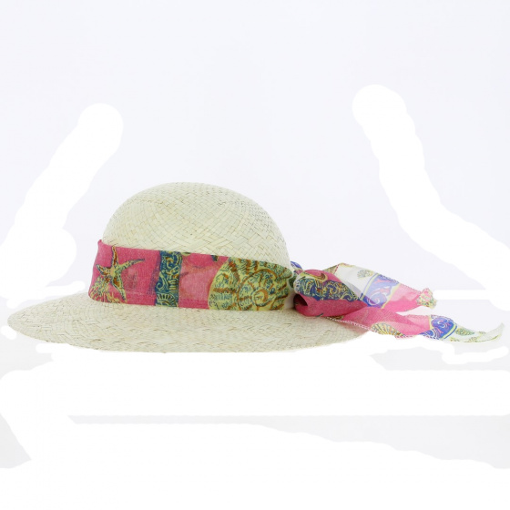 Wide-Brim Straw Hat with Pink and Blue Scarf - Traclet