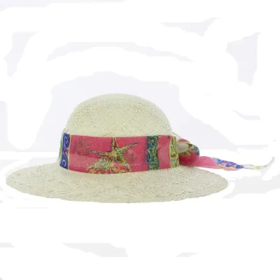 Wide-Brim Straw Hat with Pink and Blue Scarf - Traclet Reference: 6811 | Traclet Hat Shop