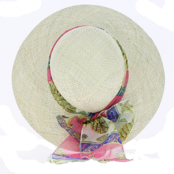 Wide-Brim Straw Hat with Pink and Blue Scarf - Traclet