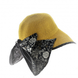 Palmira Yellow Floral Paper Straw Neck Flap Cap - Traclet