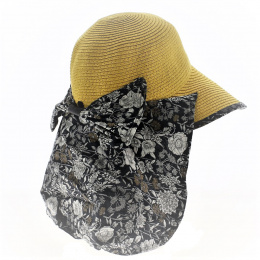 Palmira Yellow Floral Paper Straw Neck Flap Cap - Traclet
