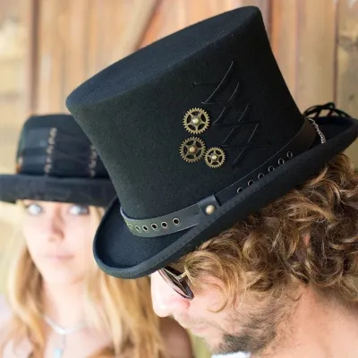 Haut De Forme Steampunk Feutre avec Rouage & Lacets