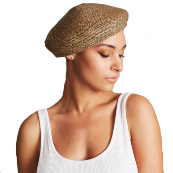 Audrey Beige & Navy Paper Straw Beret - Brixton