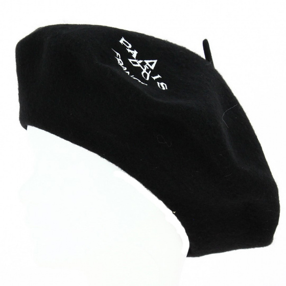 Paris Beret with Eiffel Tower Embroidery Black Wool - Traclet