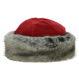 Red fleece Marmotte hat & gray faux fur - Traclet