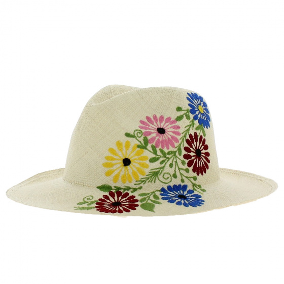 Multicolored Flower Embroidered Panama Hat - Traclet