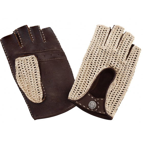 Brown Leather & Cotton Driving Fingerless Gloves - Glove Story
