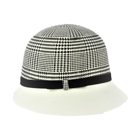 Houndstooth and White Wool Felt Cloche Hat - Traclet