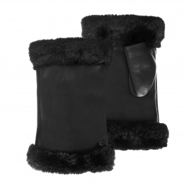 Women's Black Lambskin Leather Fingerless Gloves - Isotoner
