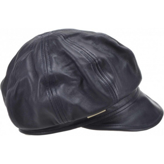 Black Leather Newsboy Cap - Seeberger