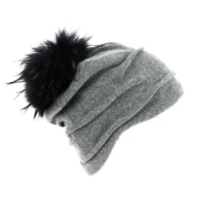 Long Beanie with Fox Fur Pompom & Jersey - Traclet  Reference: 6225 | Traclet Hat Shop