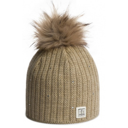 MERRY Rhinestone Beige Pompom Beanie - Pipolaki
