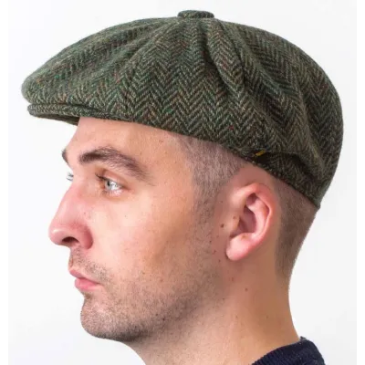 Irish Gatsby Cap Barco Wool Olive Herringbone - Hatman ref 19471 traclet hat shop