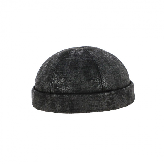 Black Faux Leather Docker Beanie