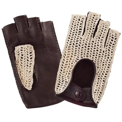 Women's Leather & Cotton Tan Driving Fingerless Gloves - Glove Story Reference: 20019| Chapellerie Traclet