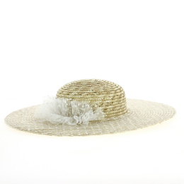 Straw wide-brimmed hat with polka dot tulle ornament. TRACLET creation