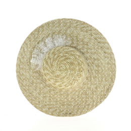 Straw wide-brimmed hat with polka dot tulle ornament. TRACLET creation