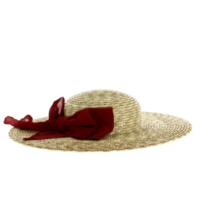 Straw wide-brimmed hat with burgundy muslin bow