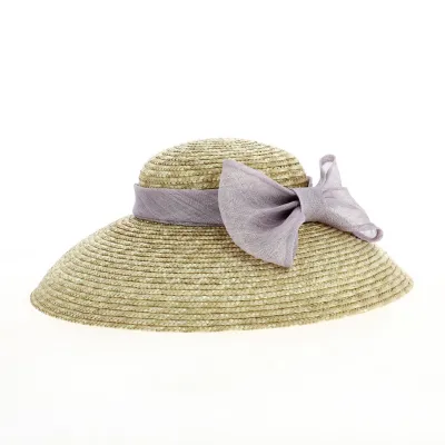 Natural straw lampshade wide-brimmed hat with violet bow