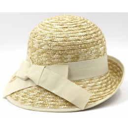 Olga Straw Cloche Hat with Beige Ribbon - Marone