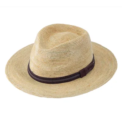 Straw Hat Traveller Raffia with smooth suede leather band and crochet