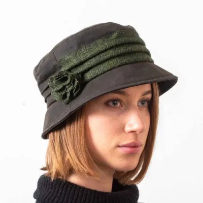 Waterproof Waxed Cotton Cloche Hat Khaki - Hatman ref 14416 chapellerie traclet