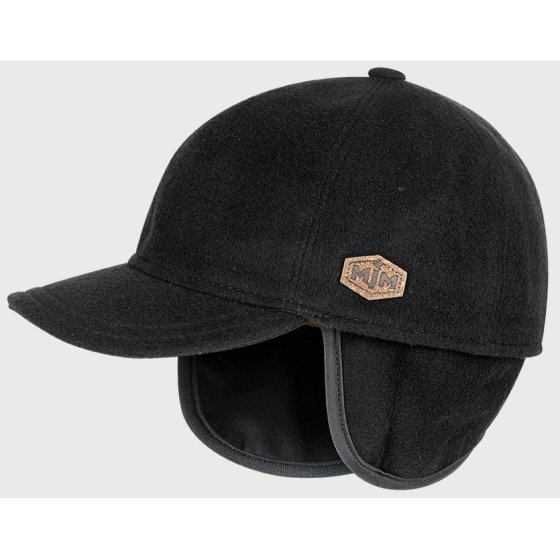 Black Wool Baseball Cap with Ear Flaps - Mjm