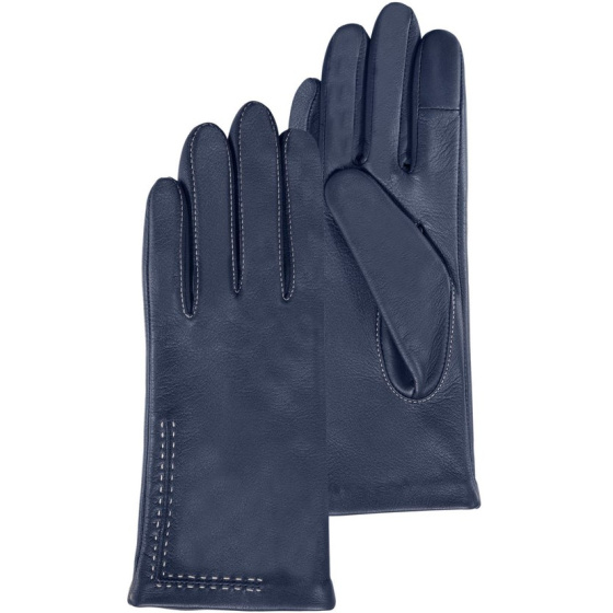 Women's Navy Leather Gloves with Silk Lining and Topstitching - Isotoner