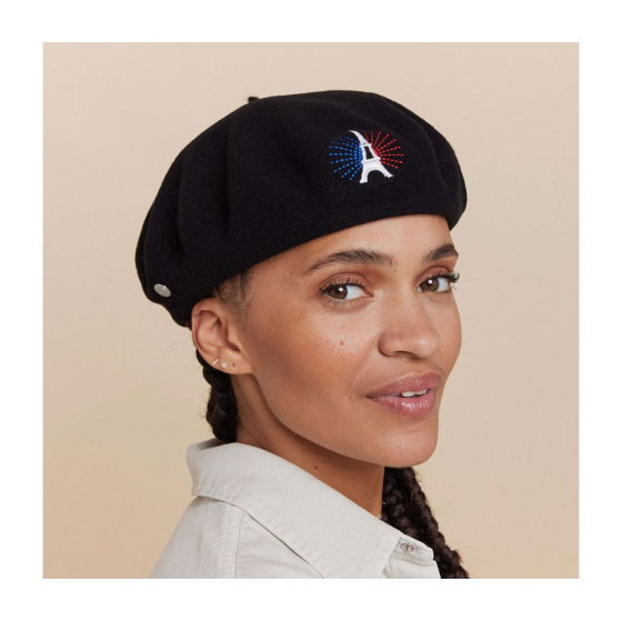 Paris Beret with Eiffel Tower embroidery Black Wool - Laulhere