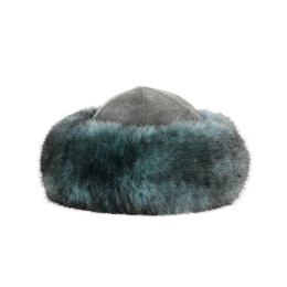 Irena Women's Toque in Turquoise Faux Fur & Gray Leather - Traclet