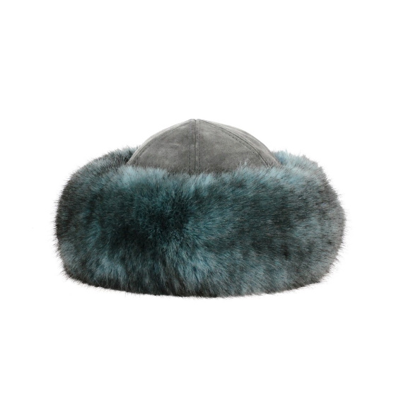 Irena Women's Toque in Turquoise Faux Fur & Gray Leather - Traclet