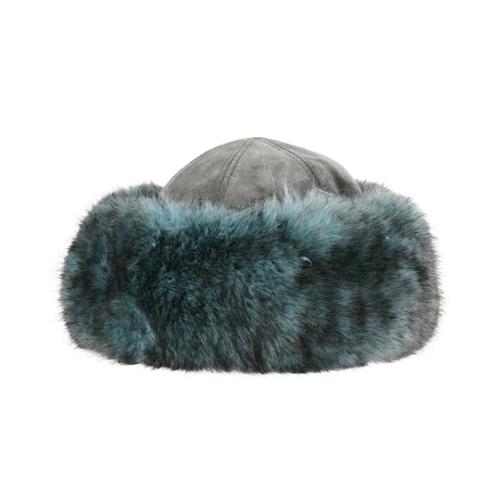 Toque Femme Irena Fausse Fourrure Turquoise & Cuir Grise - Traclet Toque Femme Irena Fausse Fourrure Turquoise & Cuir Grise - Traclet