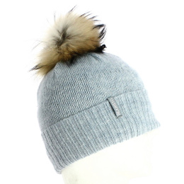 Bettina Fur Pom-Pom Wool Beanie Grey Blue - Kristo