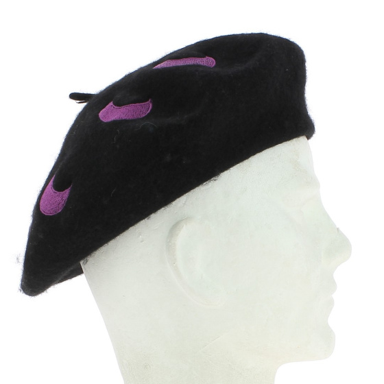 Black Basque Beret with Pink Moon Motifs and Embroidered Moon Black Basque Beret with Pink Moon Motifs and Embroidered Moon