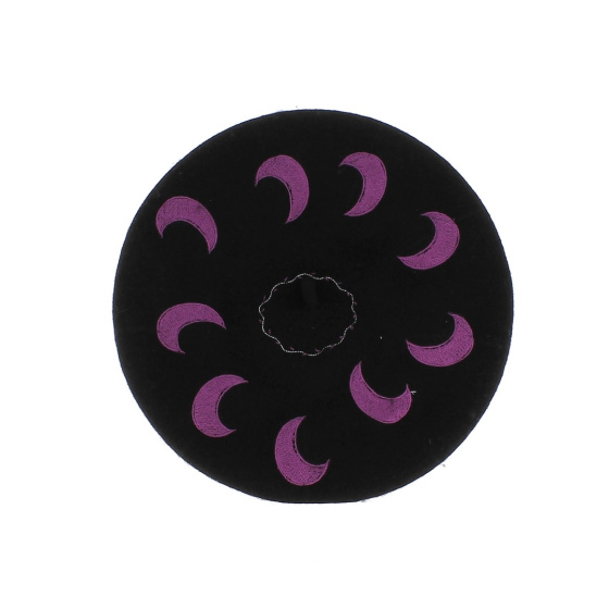 Béret Basque Noir avec Motifs Roses et Lune Brodée