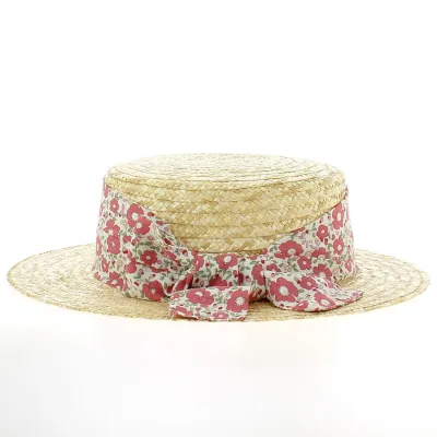Natural Straw Boater Hat with Red Liberty Print