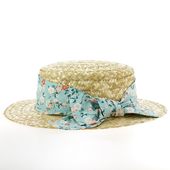 Natural Straw Boater Hat Sky Flower