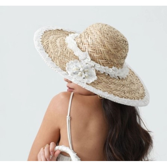 Summer Wide-Brimmed Hat Serena Straw with Lace and Pearls - Traclet
