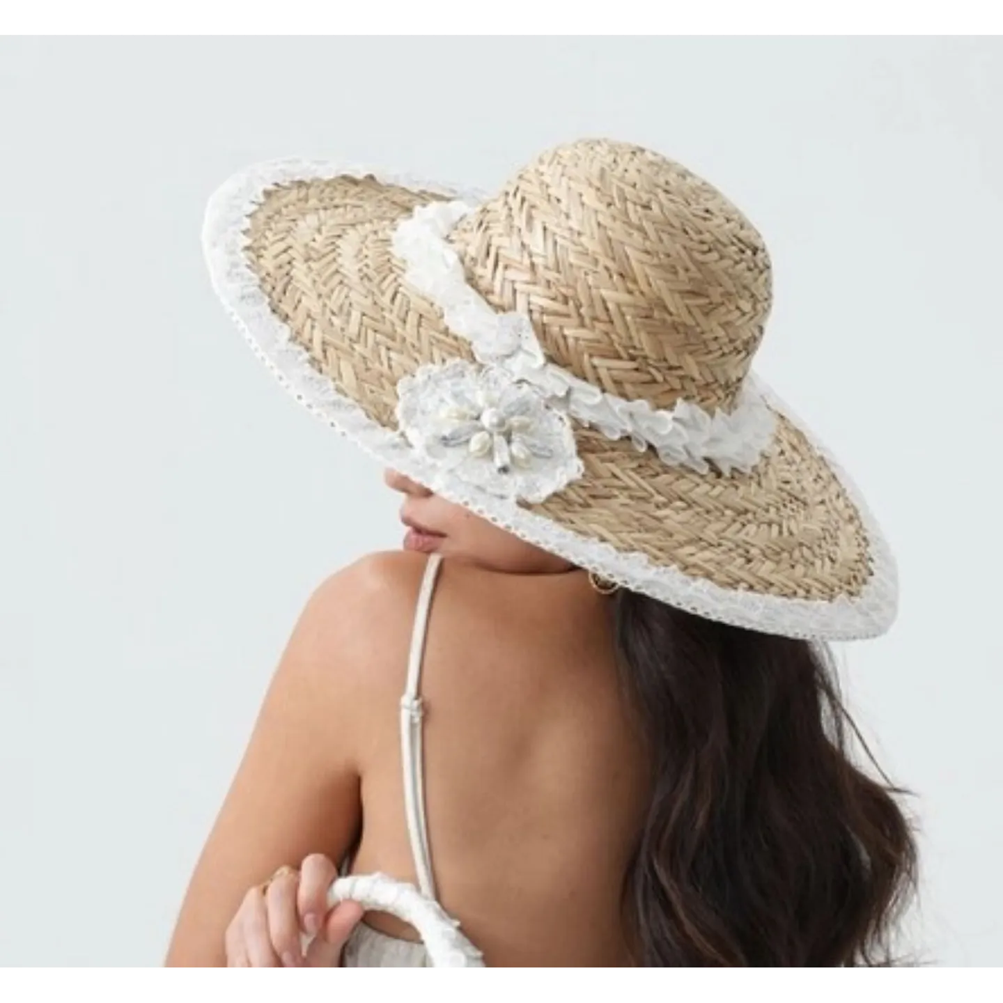 Summer Wide-Brimmed Hat Serena Straw with Lace and Pearls - Traclet reference 22200 traclet hat shop