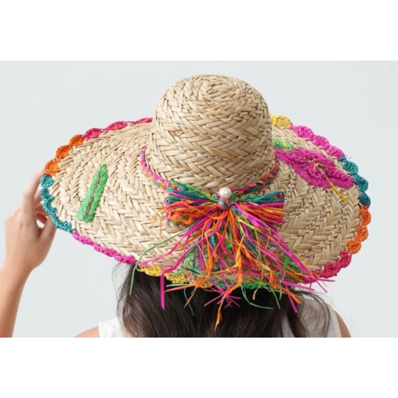 Lucilla Summer Capeline Embroidered Straw Hat with Bow Tie