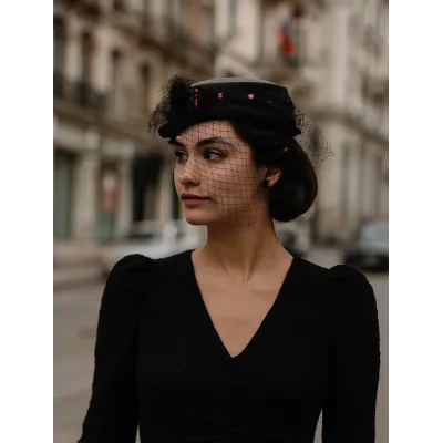 Chapeau de Cérémonie Satin Noir & Sequins - Traclet