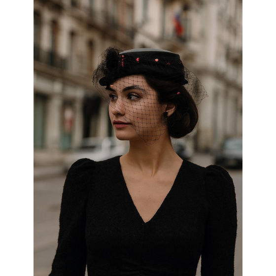 Chapeau de Cérémonie Satin Noir & Sequins - Traclet