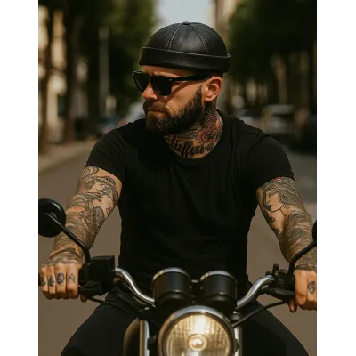 Black Leather Biker Beanie - Bullet Style Seven Jocker Reference: 1326 | Chapellerie Traclet