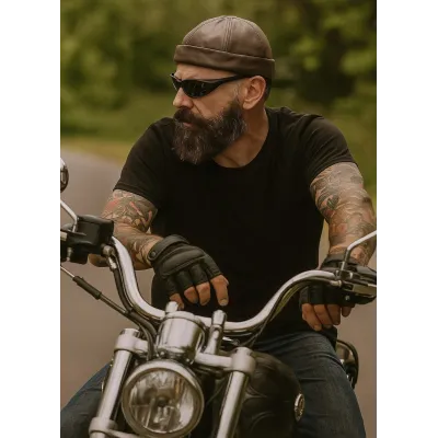 Brown leather Biker Beanie - Bullet style Seven Jocker Reference: 3403 | Traclet Hat Shop