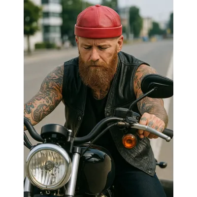Bonnet Docker Biker Rouge en Cuir - Aussie Apparel