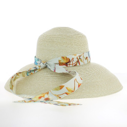 Carol wide-brimmed hat with floral ribbon 100% straw