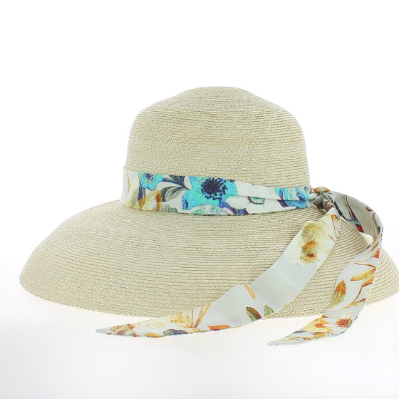 Carol wide-brimmed hat with floral ribbon 100% straw