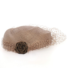 Taupe ceremonial tambourine with its veil and rose - Chapellerie Traclet - France