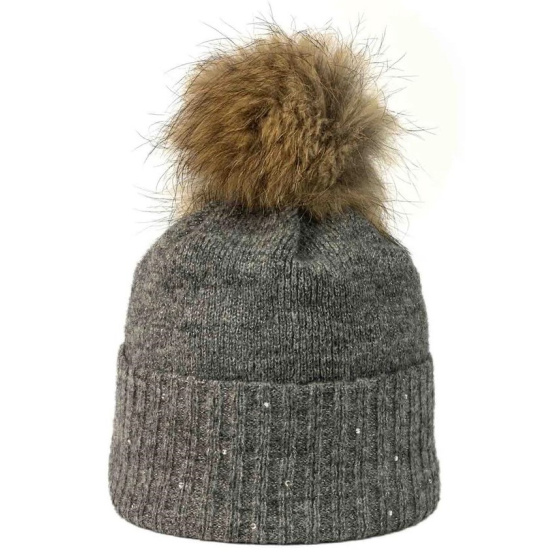 Bettina Gray Fur Pompom Beanie - Kristo