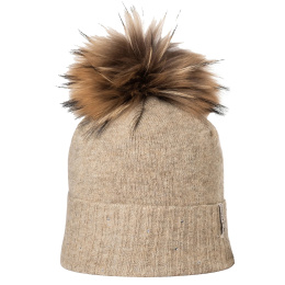 Bettina Beige Fur Pompom Beanie - Kristo